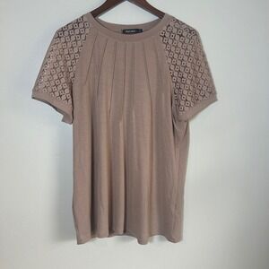 Automet Pleated Lace Sleeve Top Women XL Mauve Crochet Short Sleeve Crew Neck